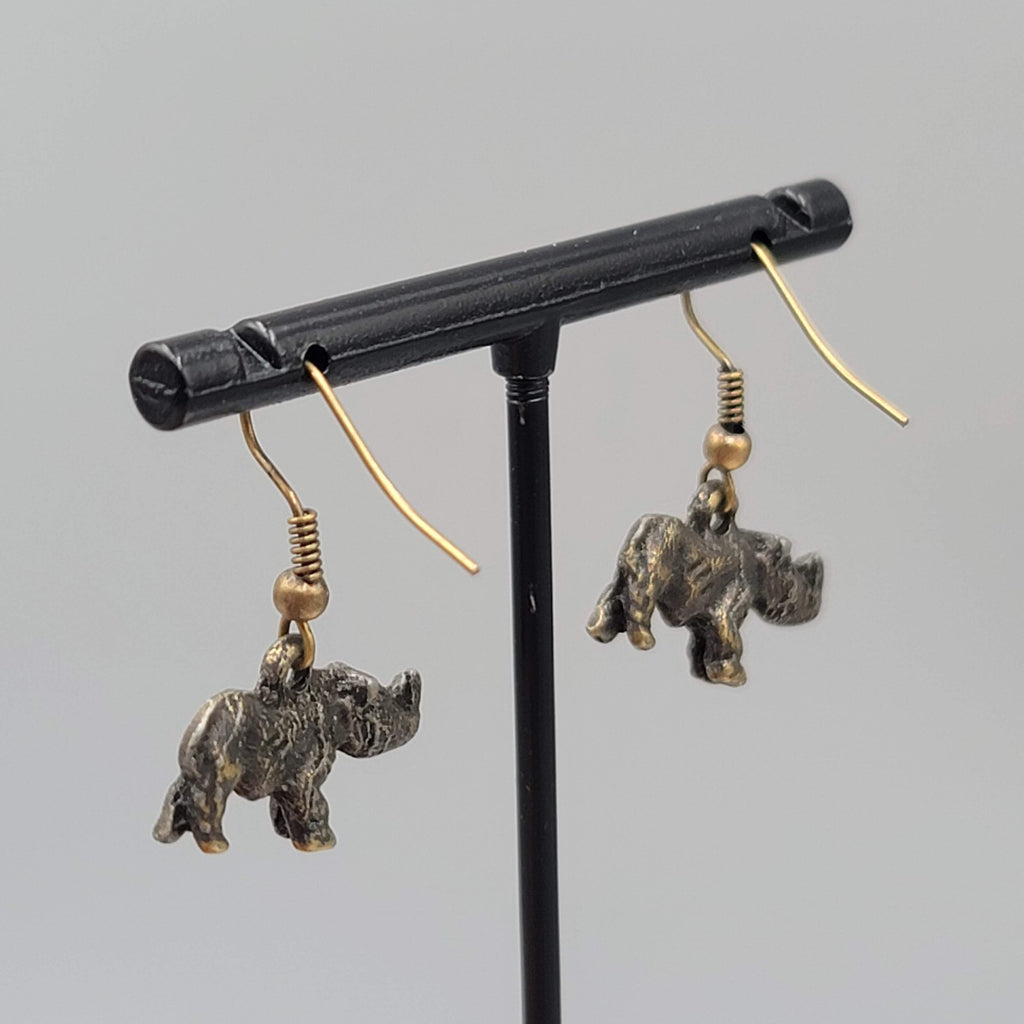 Rhinoceros Pierced Earrings Bronze tone Dangle 1/2"