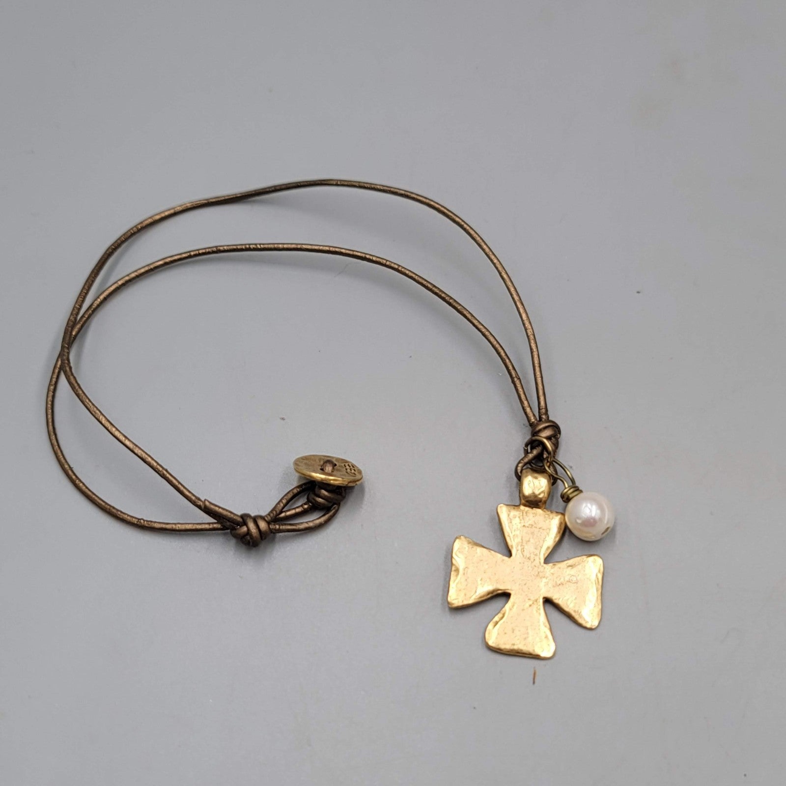 2BB Matte Gold Plated Cross Pendant Necklace Brown Cord 16"