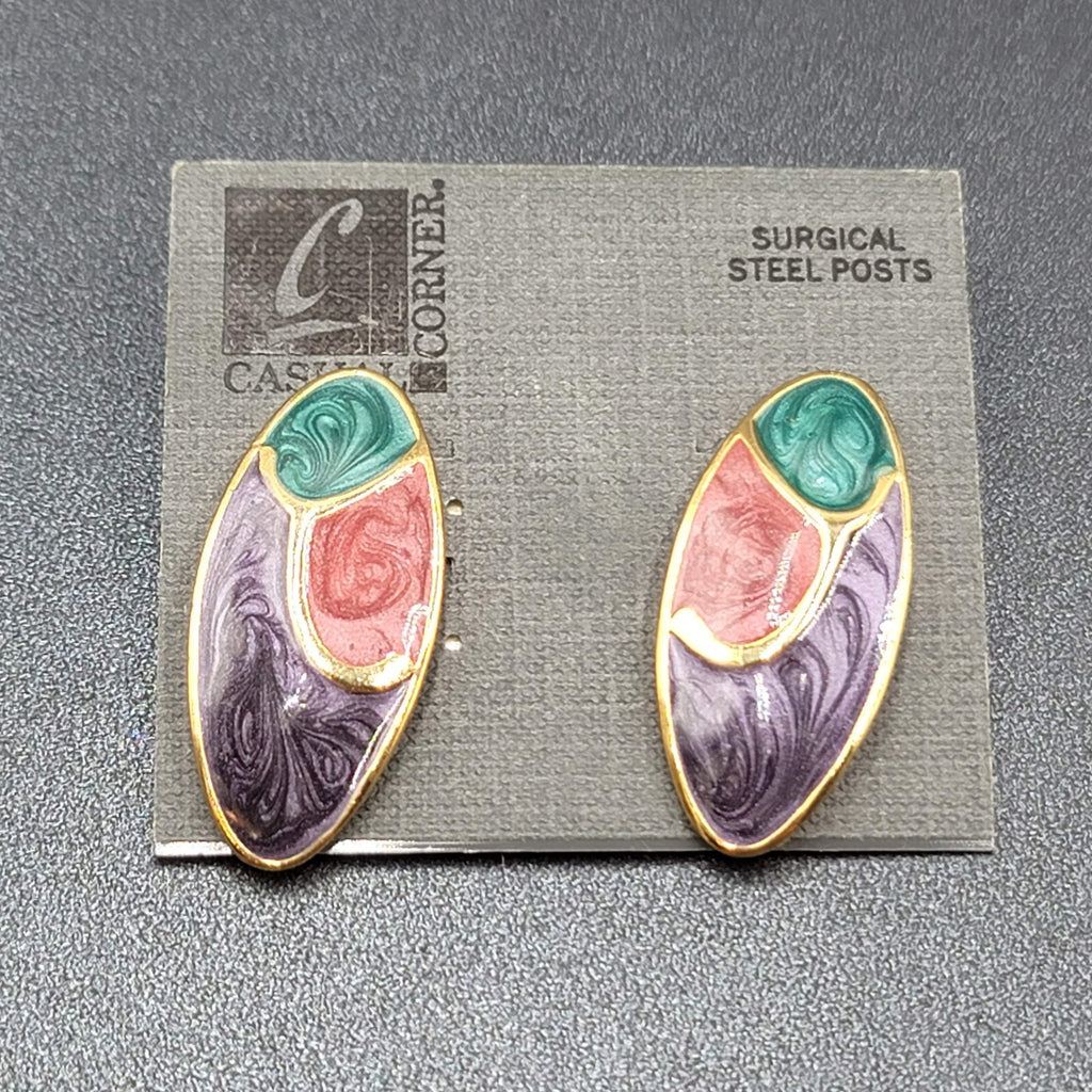 Vintage Pierced Earrings Gold Plated Teal Pink Purple Enamel Drop 1.5"