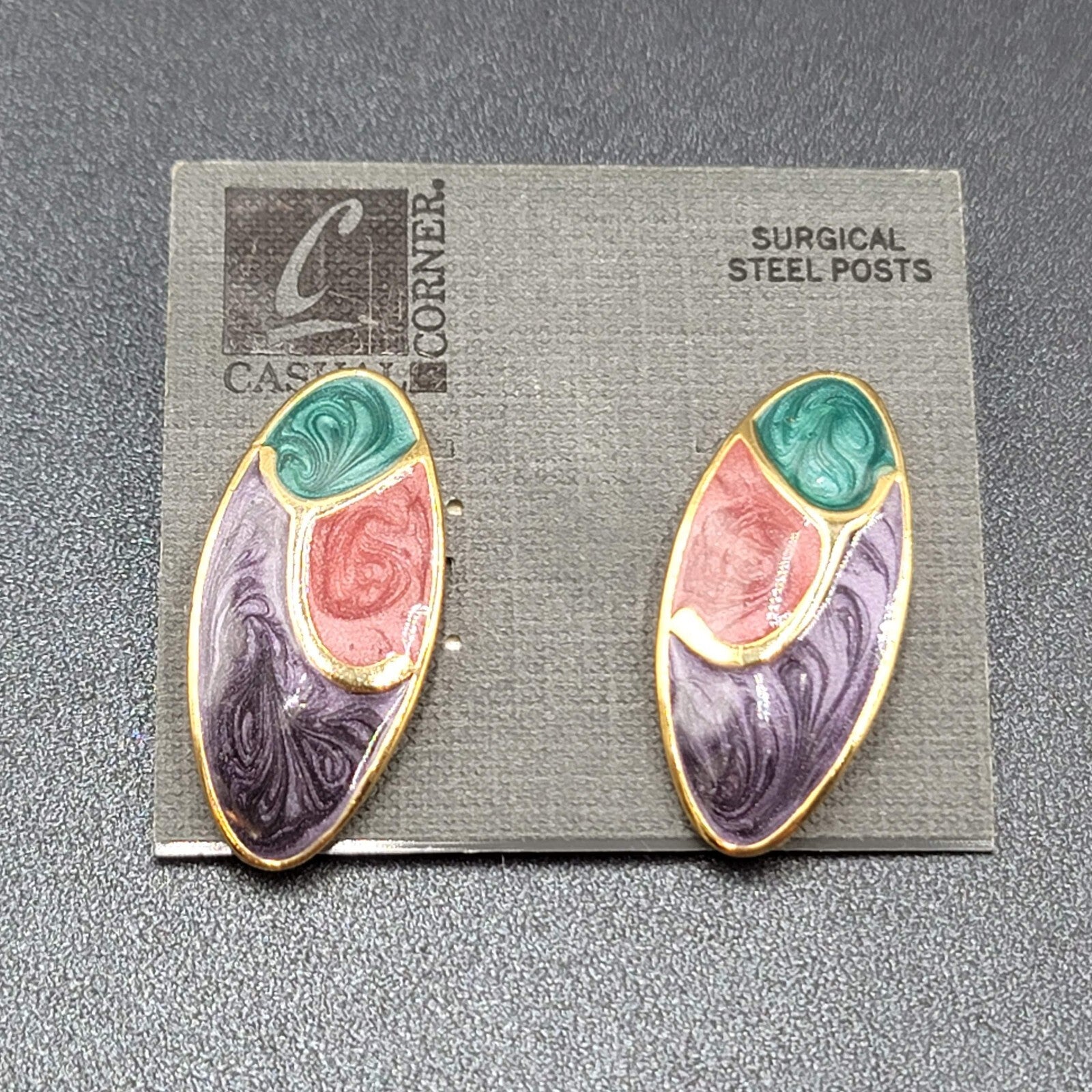 Vintage Pierced Earrings Gold Plated Teal Pink Purple Enamel Drop 1.5"
