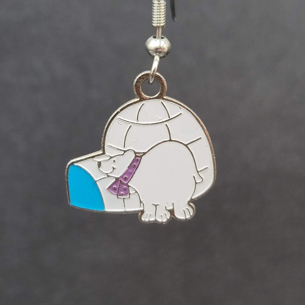 Vintage Pierced Earrings Igloo Polar Bear Dangle Enamel Silver tone Dangle 7/8"
