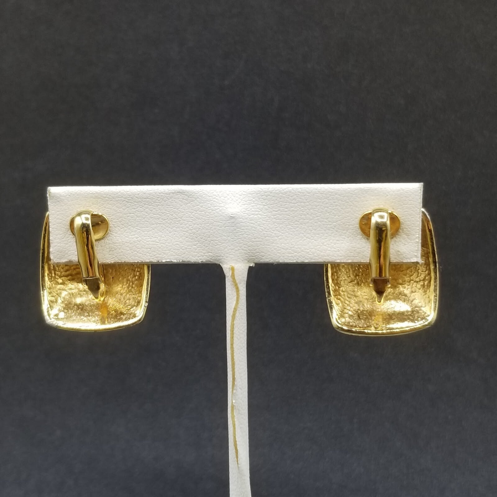 Vintage Clip on Earrings Gold tone Black Enamel Geometric Drop Stud 1"