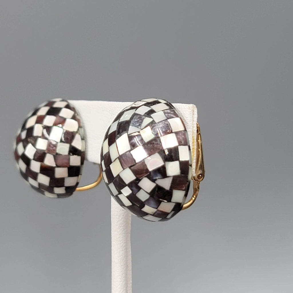 Vintage Mother of Pearl and Wood Inlay Clip on Earrings 1 in