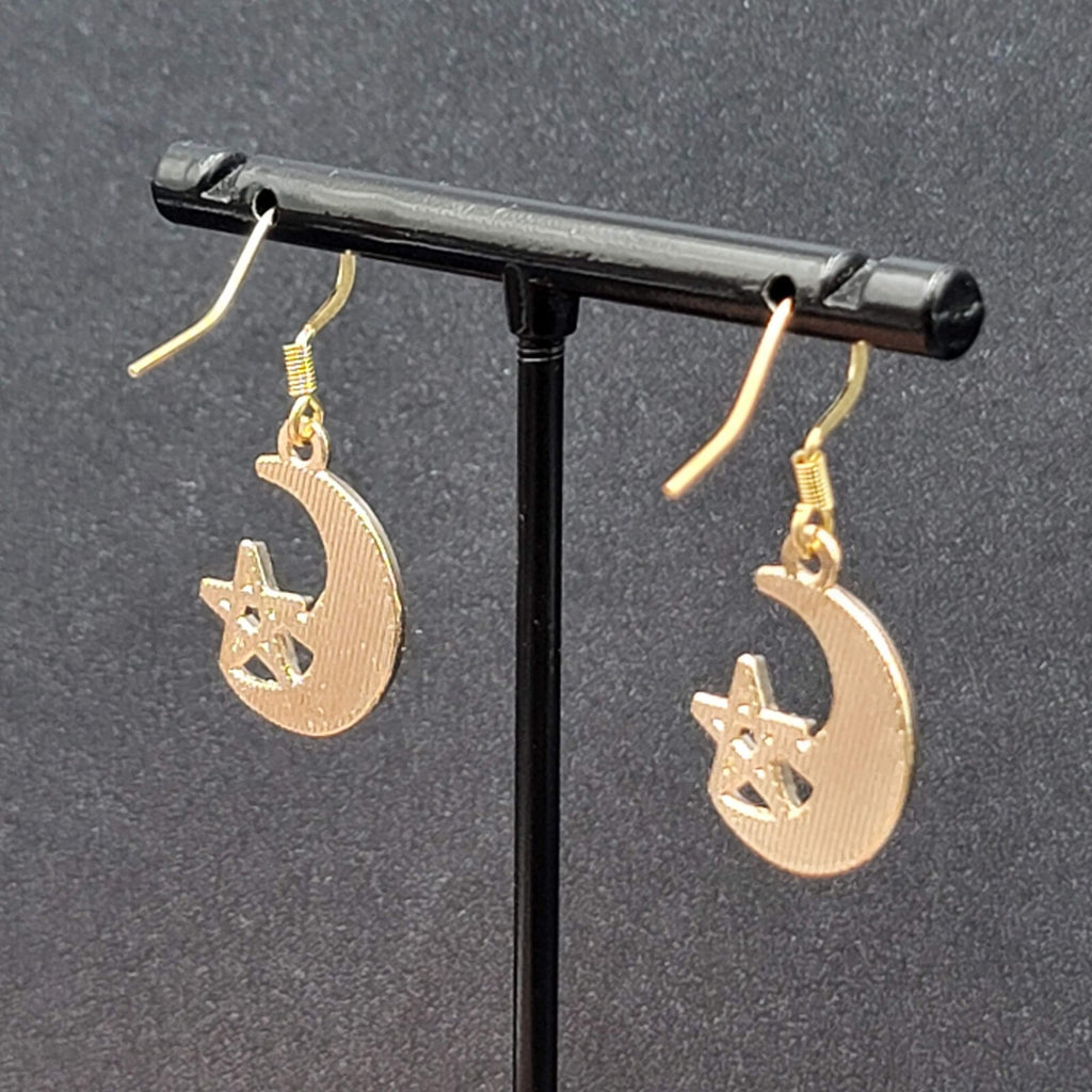 New Moon Star Pierced Earrings Gold tone Purple Enamel Dangle 3/4"