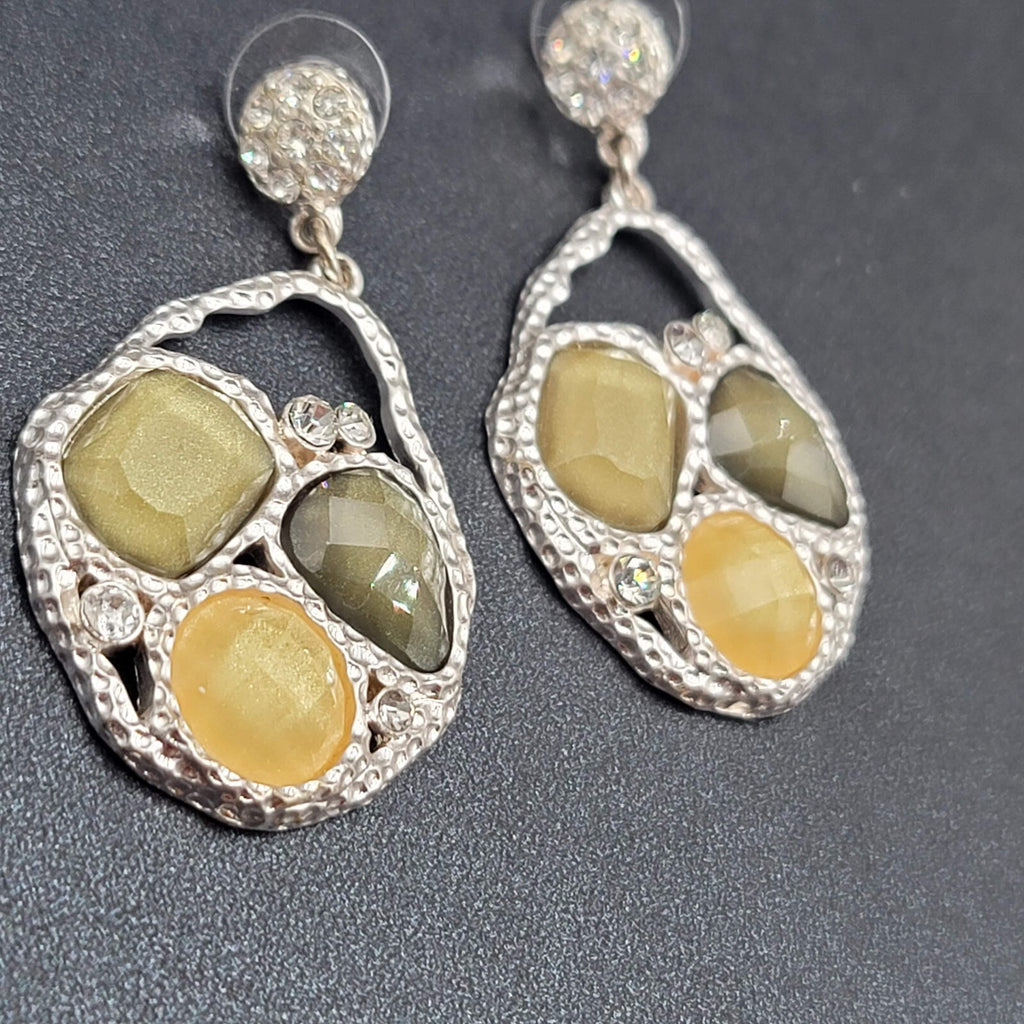 Pierced Earrings Silver tone Green Acrylic Rhinestone Statement Dangle 2.25"