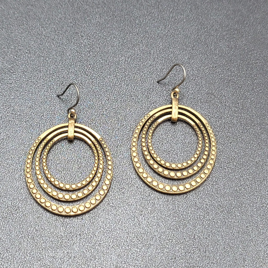 Concentric Ovals Pierced Earrings Bronze tone Embossed Dangle New 1.75"
