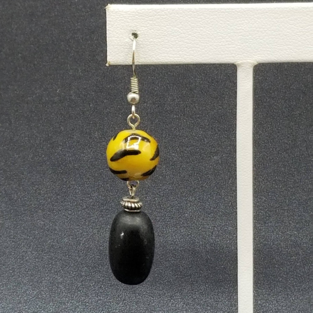 Pierced Earrings Glass Wood Bead Boho Dangle 1 1/2"