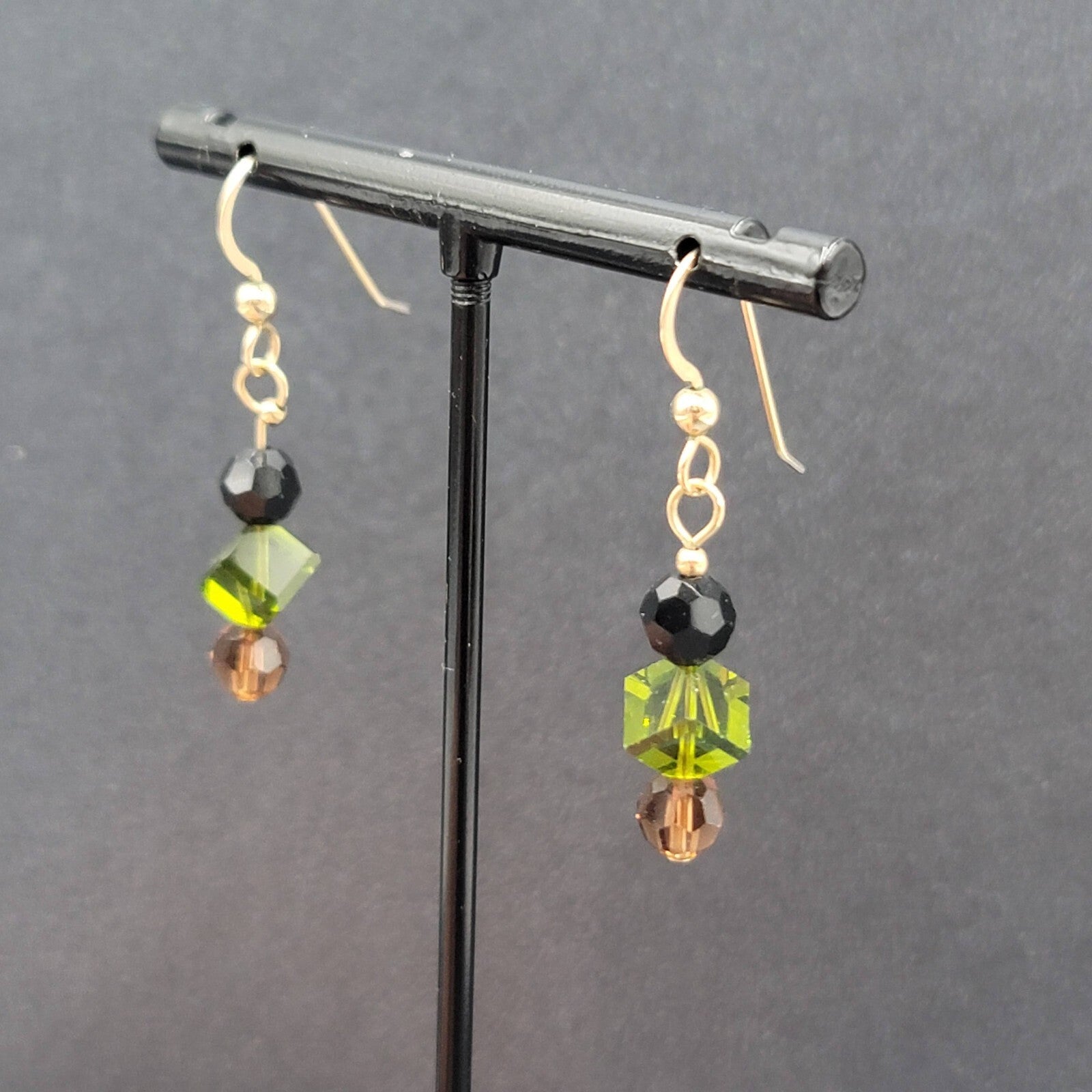 Pierced Earrings Gold tone Black Green Brown Crystal Bead Dangle 1"
