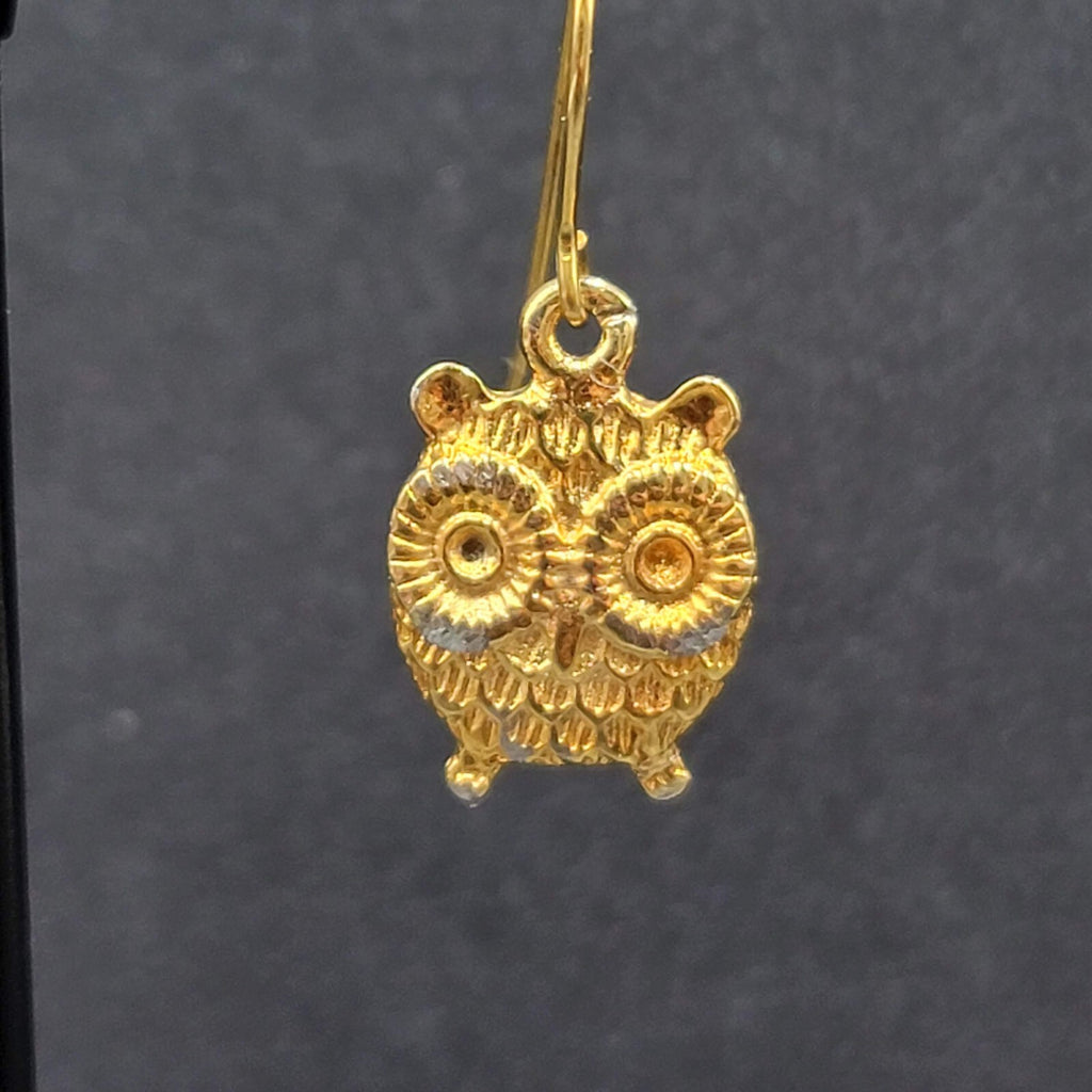 Pierced Earrings Gold tone Embossed Owl Dangle 5/8"