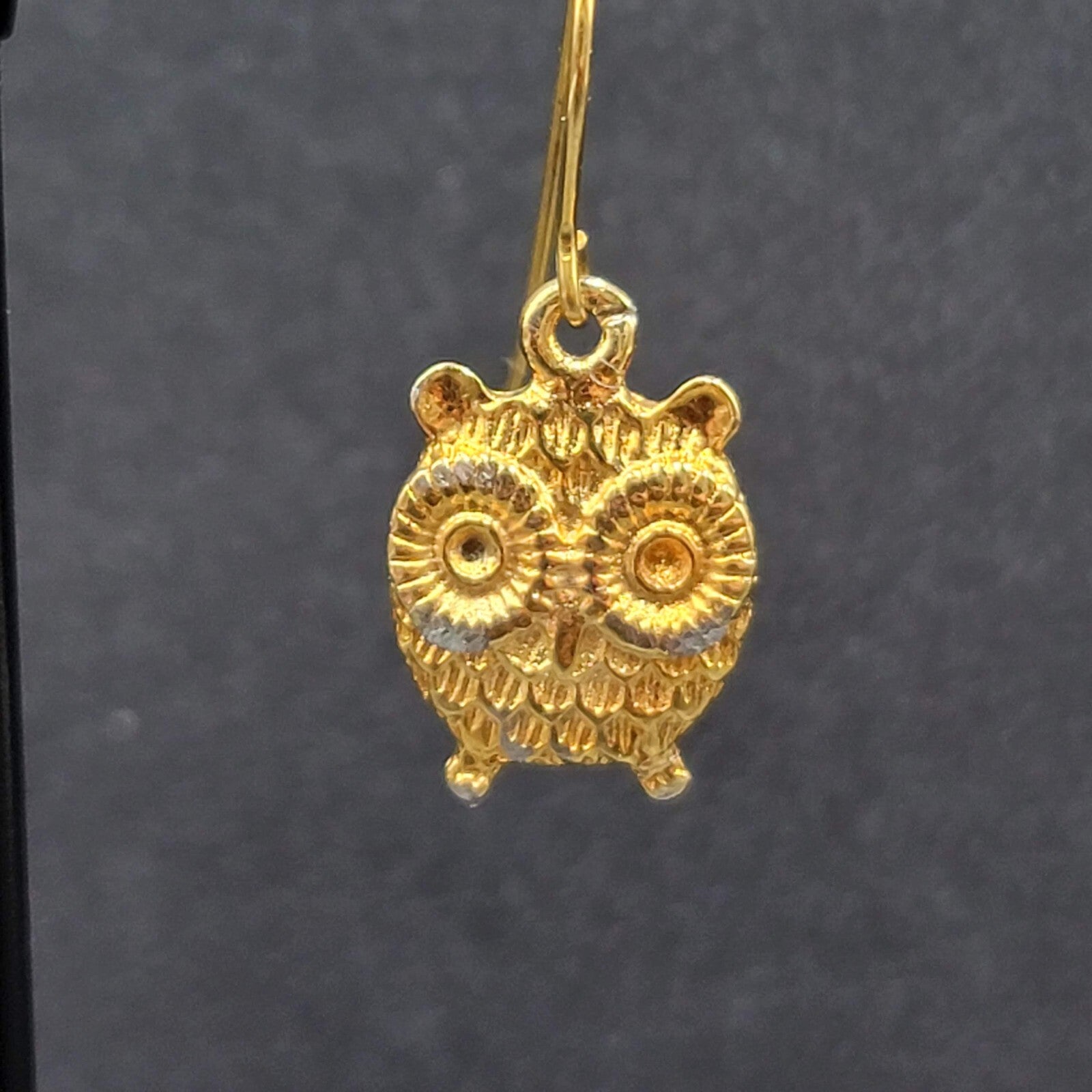 Pierced Earrings Gold tone Embossed Owl Dangle 5/8"