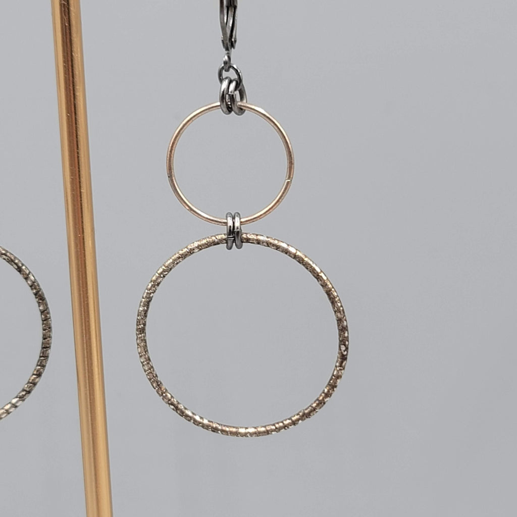 Pierced Earrings Black Gold tone Double Ring Dangle 2 in