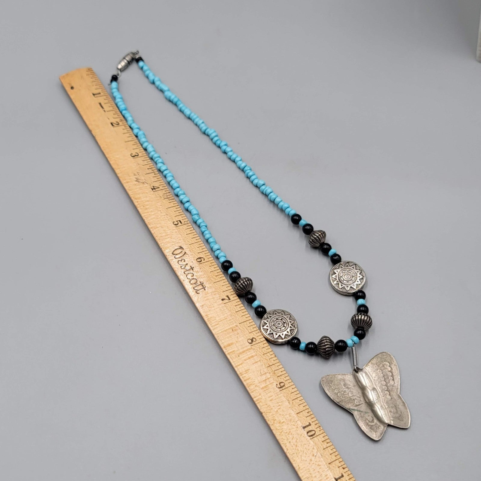 Artisan Butterfly Pendant Necklace Blue Black Bead Handmade 18 in
