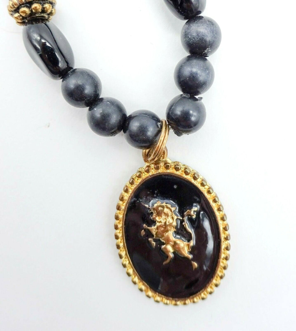 Unicorn Pendant Black Glass and Plastic Beaded Necklace Pierced Earring Set