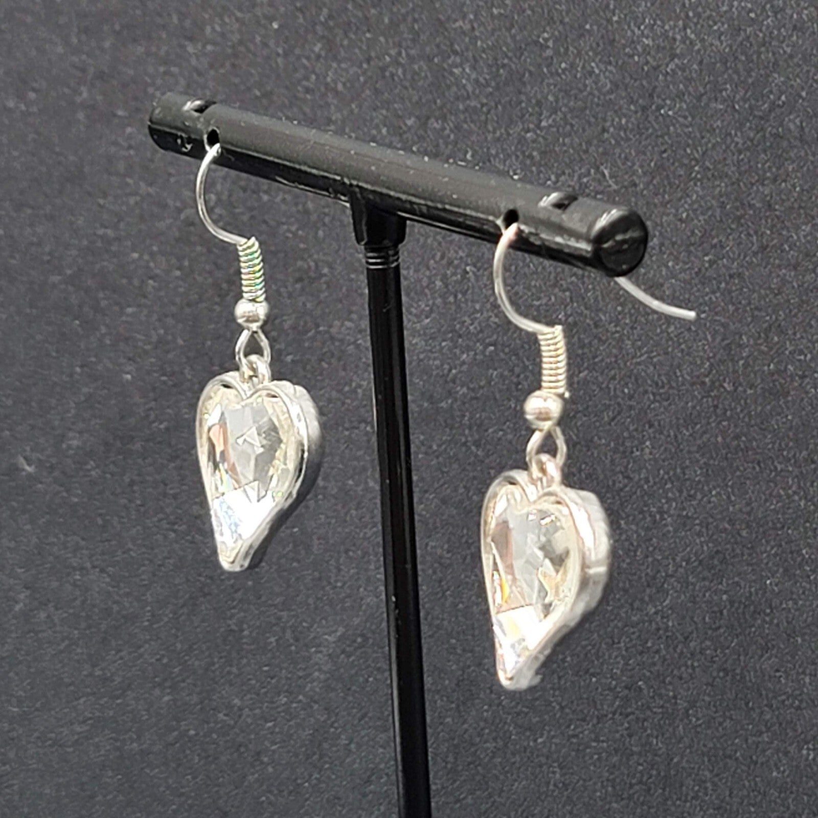 Heart Pierced Earrings Silver tone Faceted Glass Dangle 3/4"