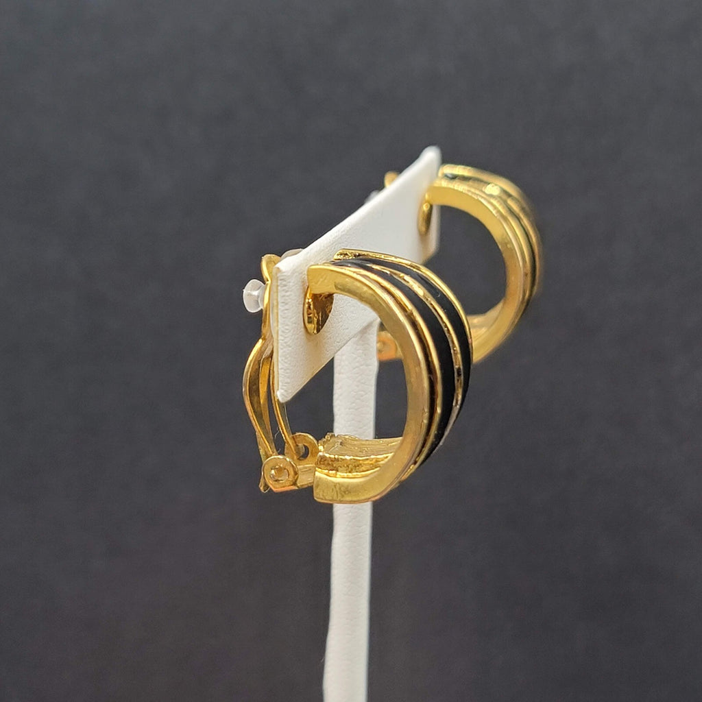Vintage Clip on Earrings Large Gold Plated Black Enamel Drop Half Hoops 1"