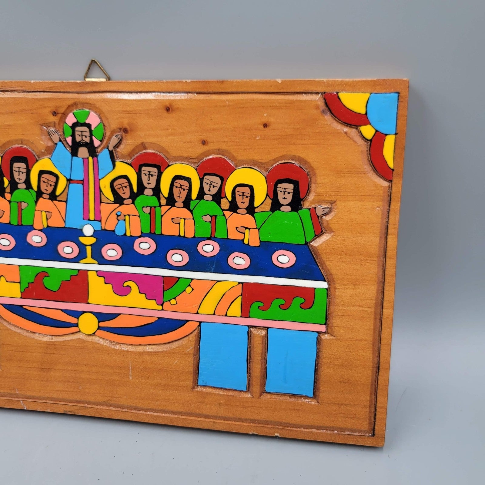 Vintage Last Supper Hand Painted Carved Wooden Wall Plaque Folk Art El Salvador