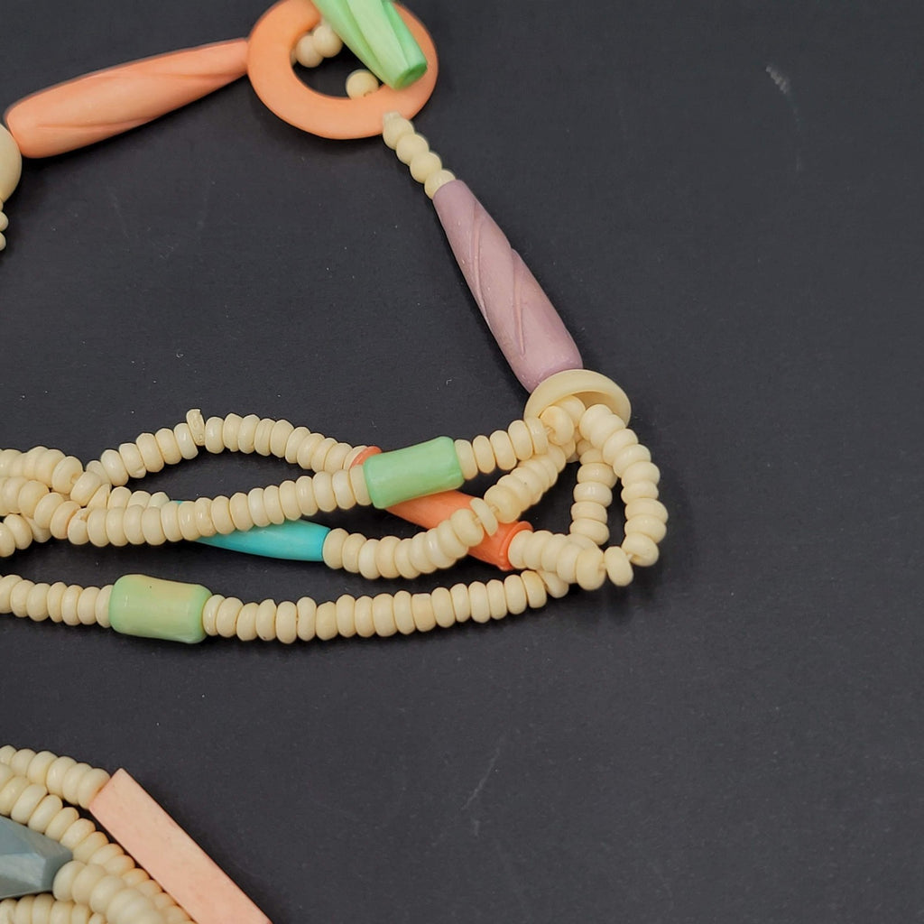 Vintage Multi Strand Beaded Necklace Carved Pastel Beads Toggle Clasp 24"