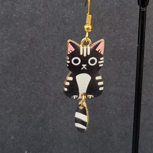 Black Tabby Kitty Cat Pierced Earrings Gold tone Dangle Tail 1.5"