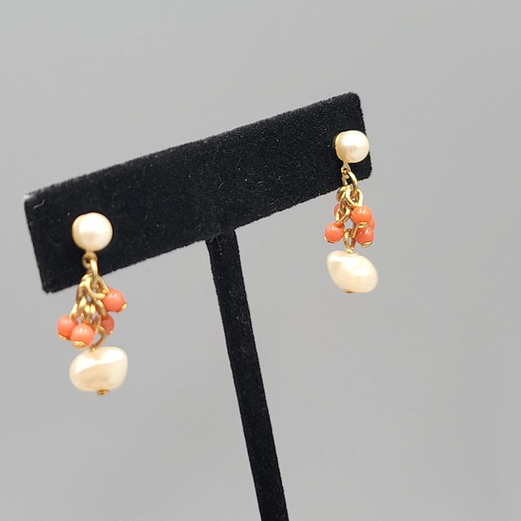 New York Co Faux Pearl Faux Coral Pierced Earrings Gold tone Dangle 1"