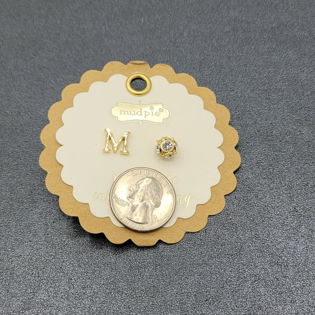 Mud Pie Gold tone Initial Letter M Reversible Crystal Pierced Stud Earrings