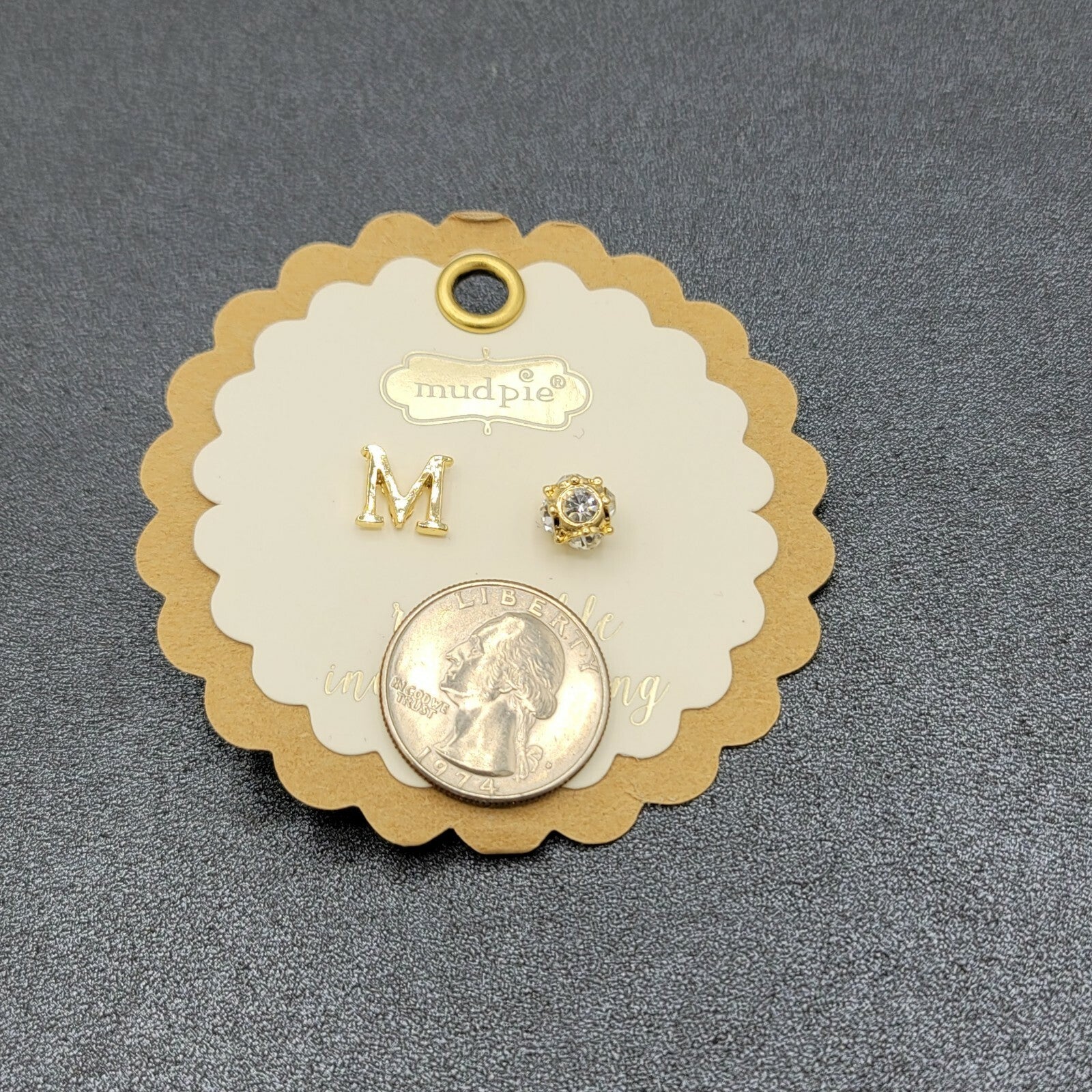 Mud Pie Gold tone Initial Letter M Reversible Crystal Pierced Stud Earrings