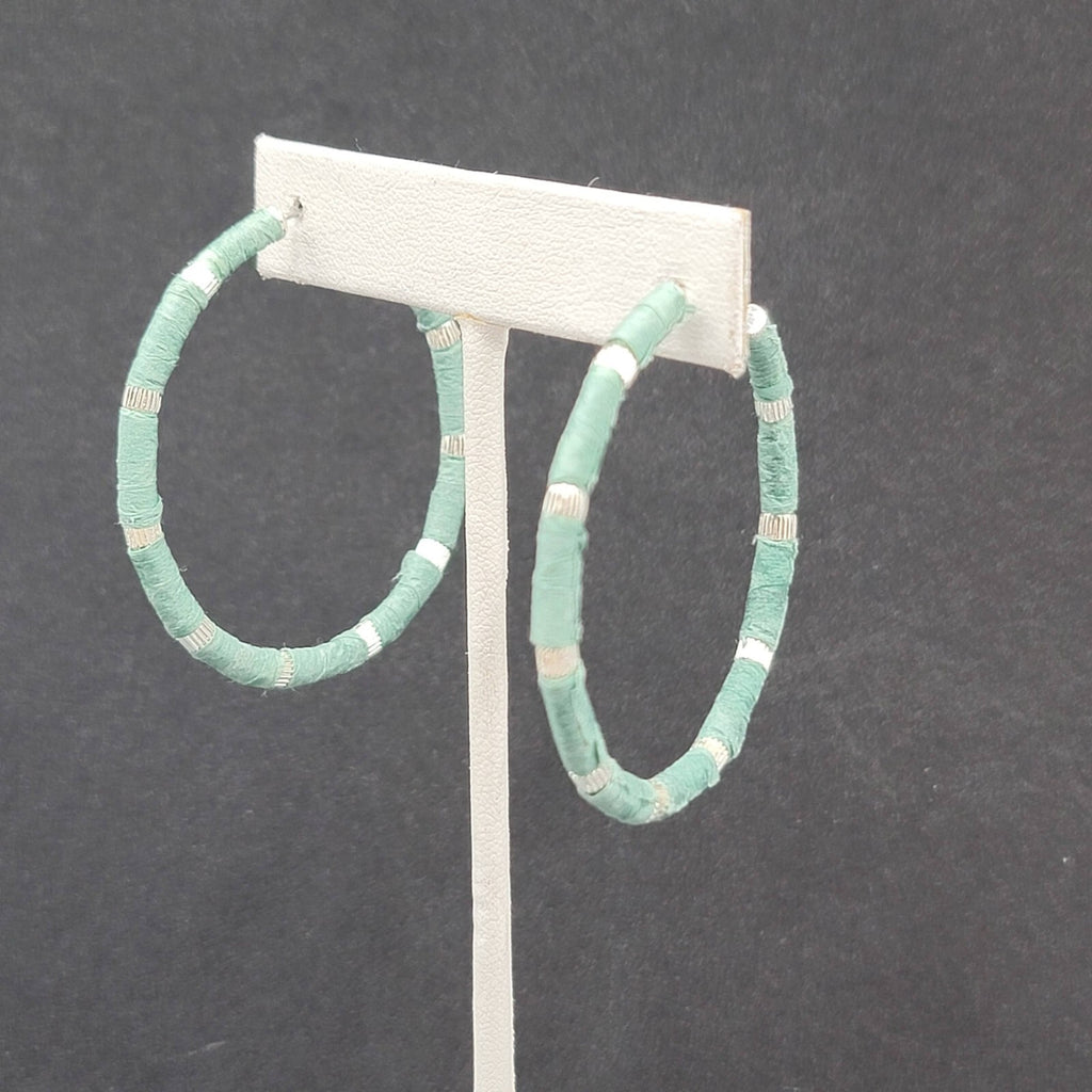 Pierced Earrings Blue Teal Raffia Wrapped Silver tone Drop Hoops 1 7/8"