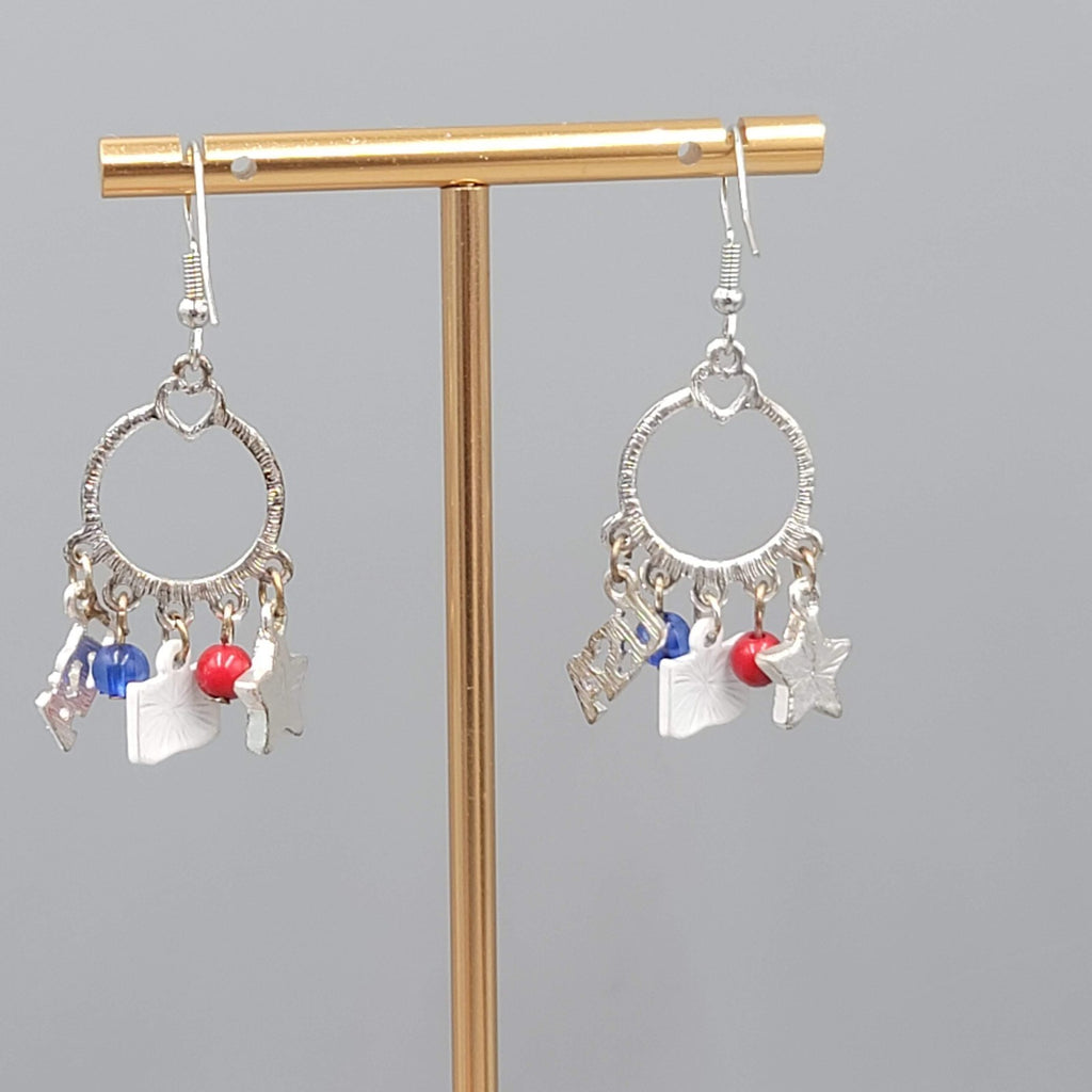 Patriotic Pierced Earrings Silver tone Dangle  USA Flag Enamel 1.25"