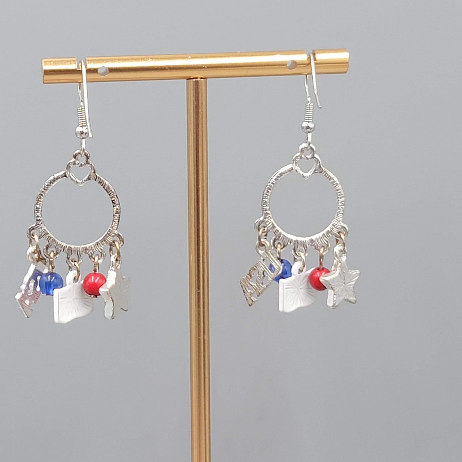 Patriotic Pierced Earrings Silver tone Dangle  USA Flag Enamel 1.25"