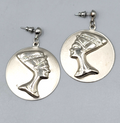Vintage Egyptian Motif Pierced Earrings Silver tone Dangle Round 1.5 in