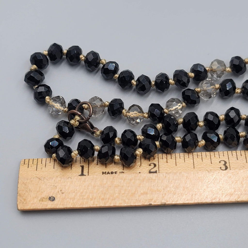 Hand Knotted Facet Cut Black Crystal Bead Necklace 30 in