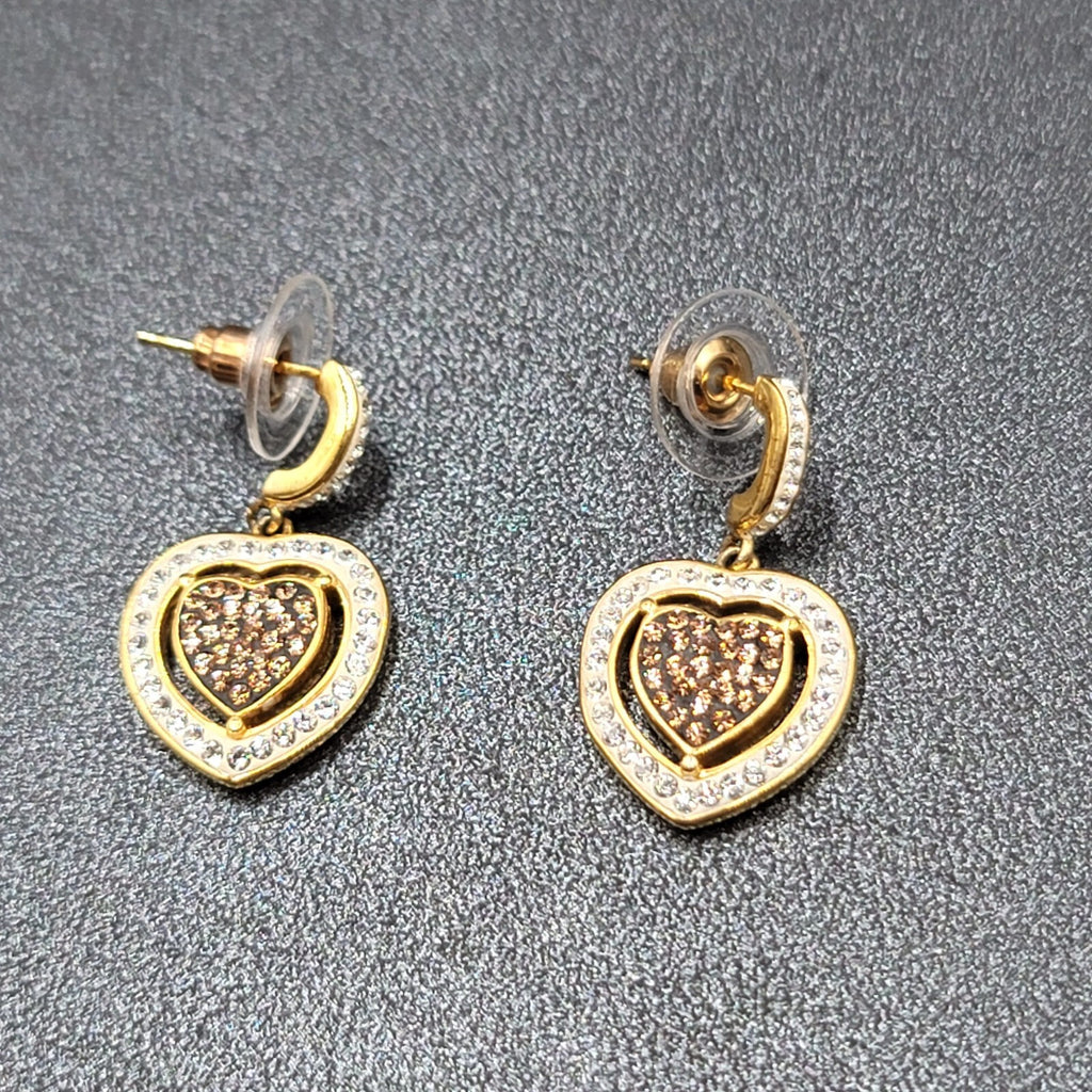 Sterling Silver Pierced Earrings Gold Plated Crystal Heart Dangle 1" 925