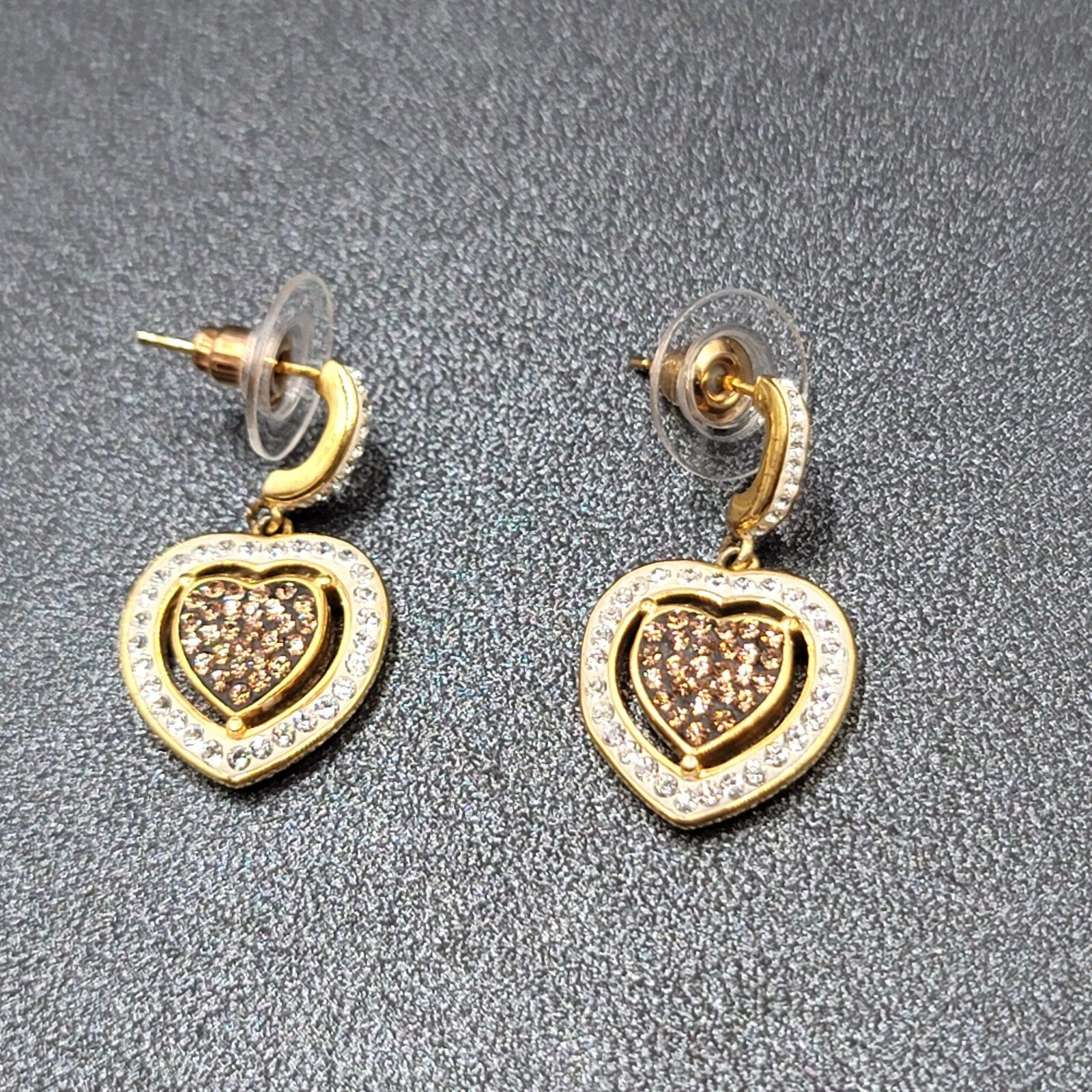 Sterling Silver Pierced Earrings Gold Plated Crystal Heart Dangle 1" 925