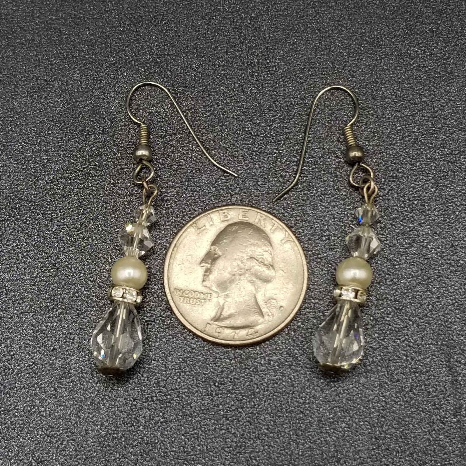 Pierced Earrings Silver tone Faux Pearl Faceted Crystal Bead Dangle 1 1/4"