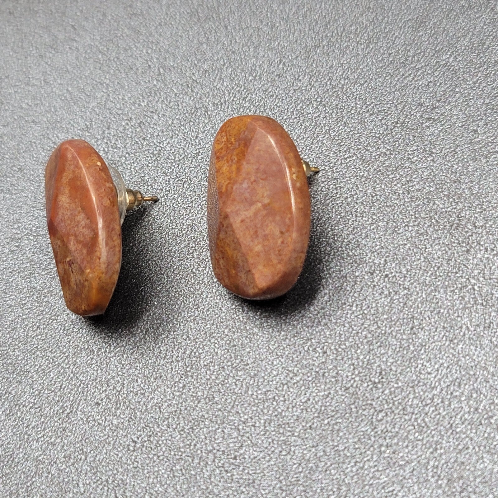 Vintage Pierced Earrings Brown Stone Oval Drop 1"