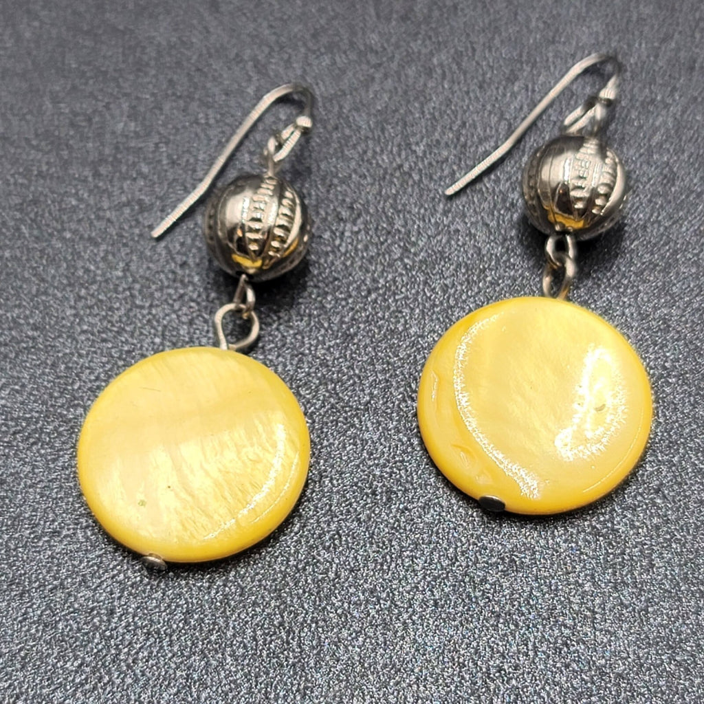 Pierced Earrings Silver tone Yellow Shell Round Bead 1.5"