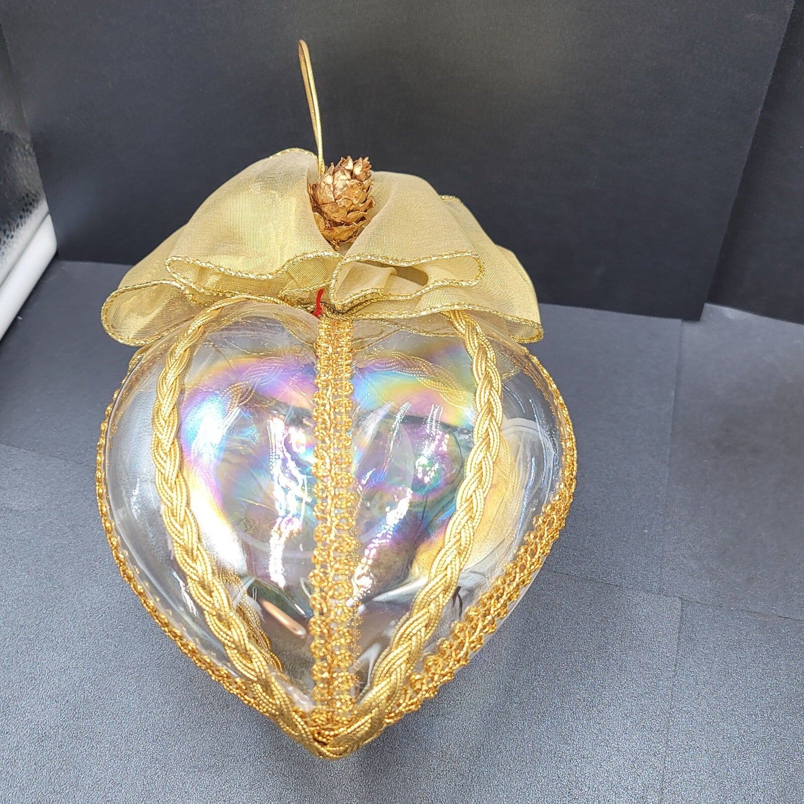 Hand Blown Iridescent Glass Heart Christmas Ornament Sun Catcher 7.5"