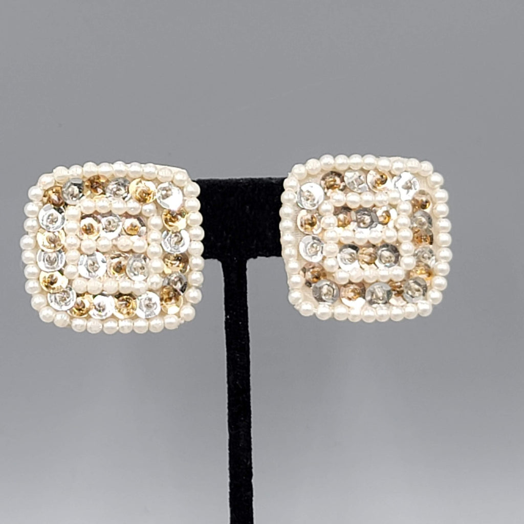 Vintage White Bead Sequin Leather Clip on Earrings Square Gold tone 1.25"