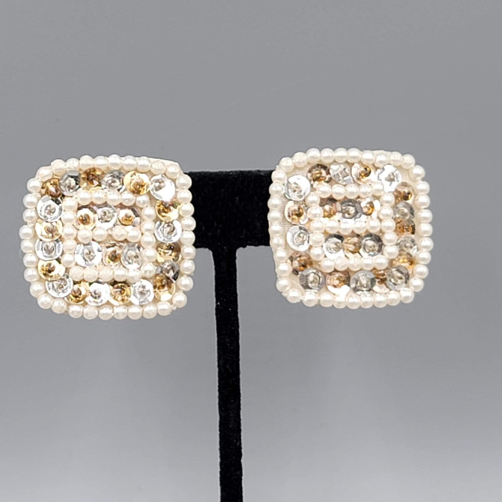 Vintage White Bead Sequin Leather Clip on Earrings Square Gold tone 1.25"