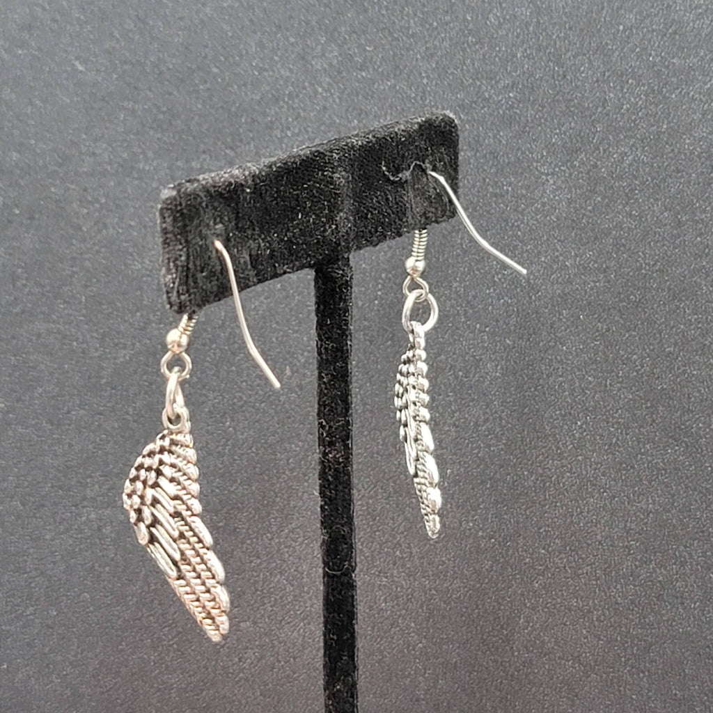 Pierced Earrings Silver tone Detailed Wings Dangle 1 1/8"