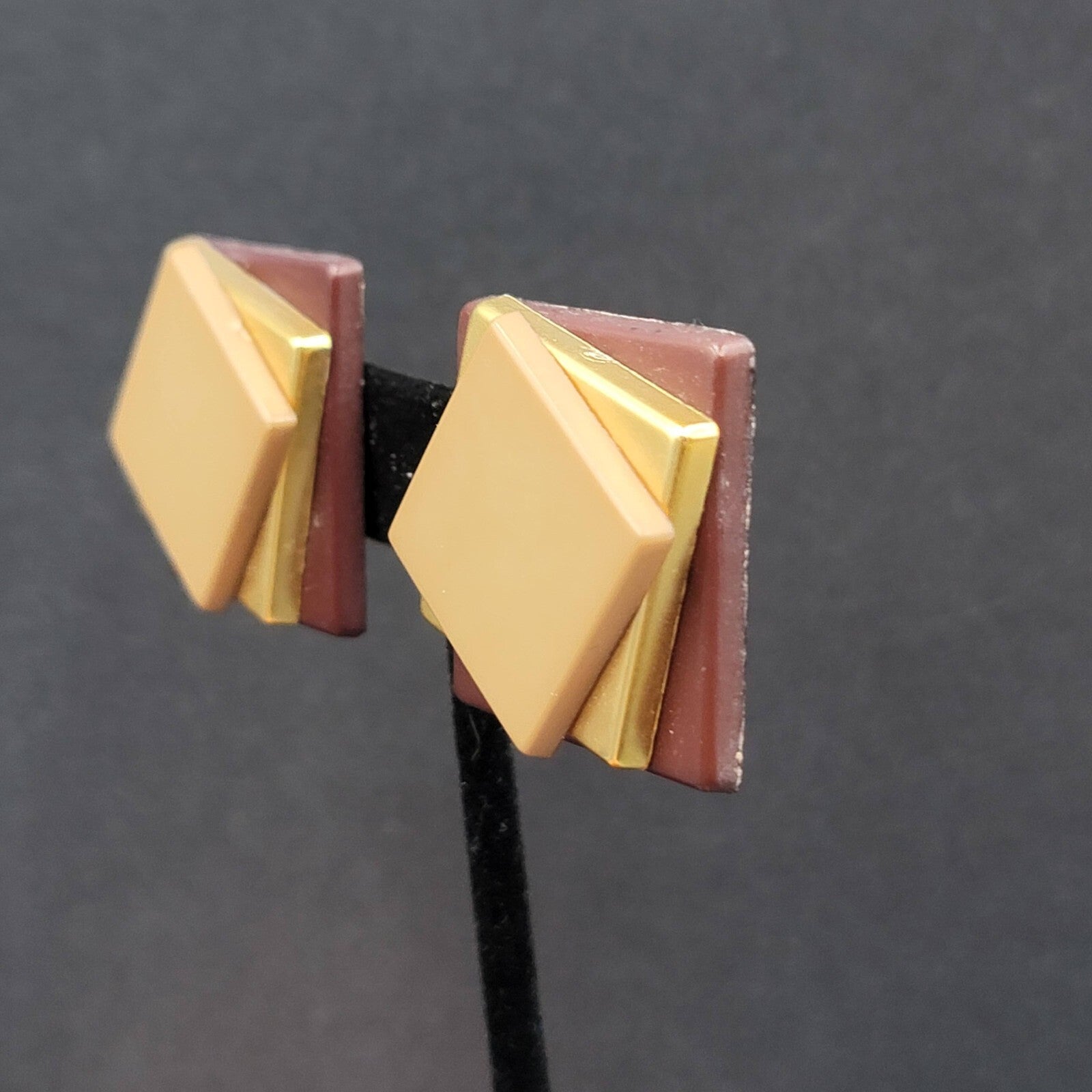 Vintage Clip on Earrings Plastic Layered Squares Brown Tan 1.25"