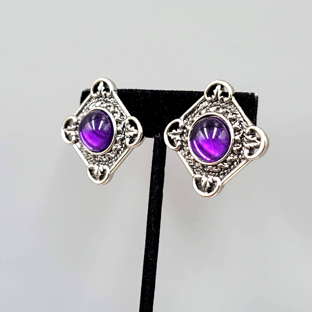 Vintage Translucent Purple Cabochon Clip on Earrings Silver tone 1.25"