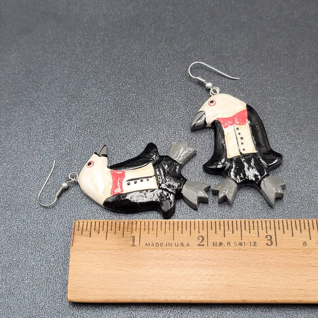 Vintage Pierced Earrings Painted Tuxedo Penguins Wood Dangle 2.25"