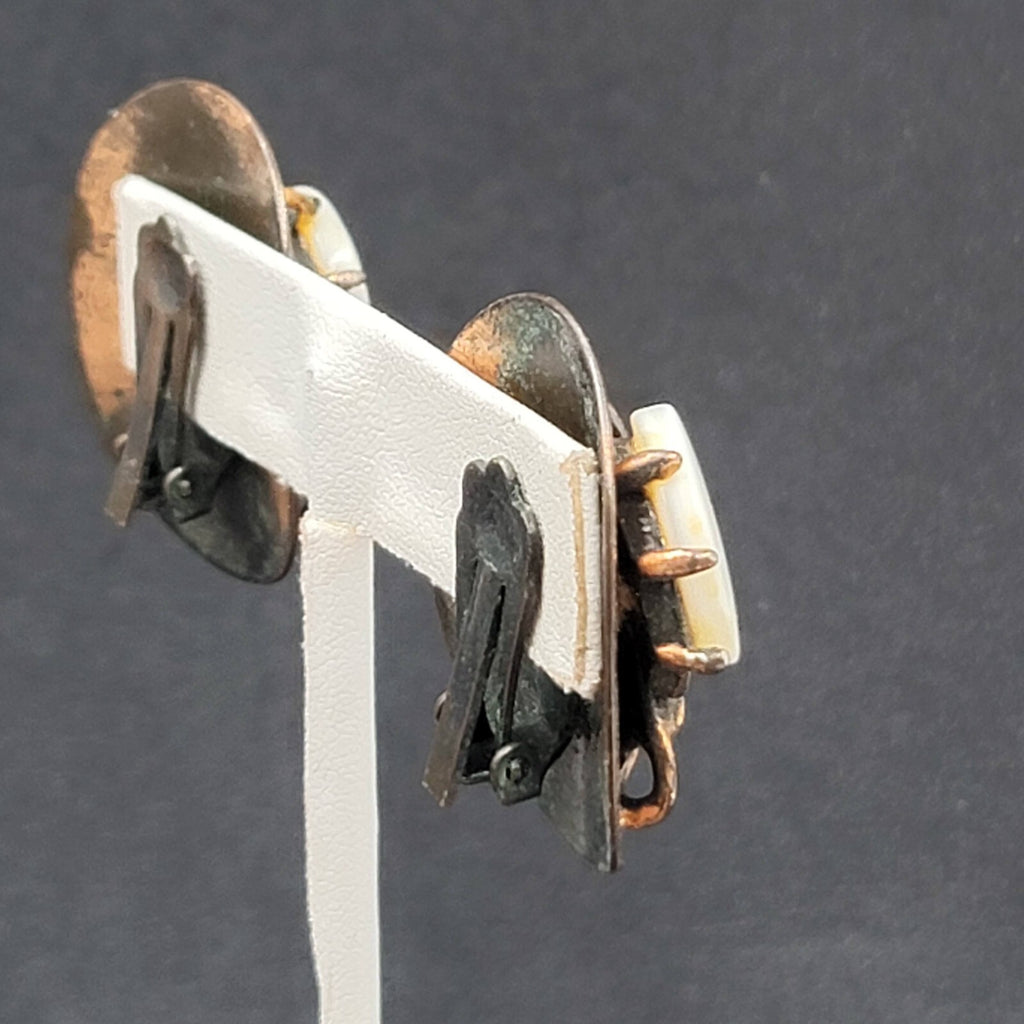 Vintage Clip on Earrings Copper Plated Mother of Pearl Accents Modernist 1.25"