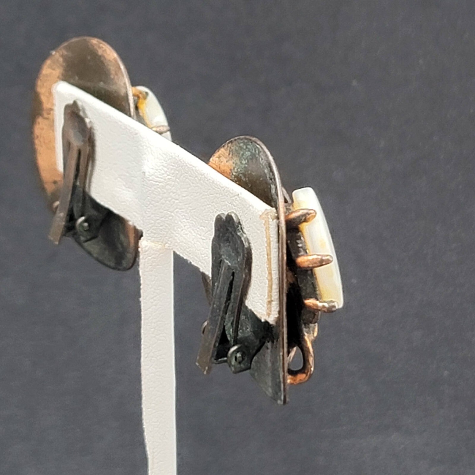 Vintage Clip on Earrings Copper Plated Mother of Pearl Accents Modernist 1.25"