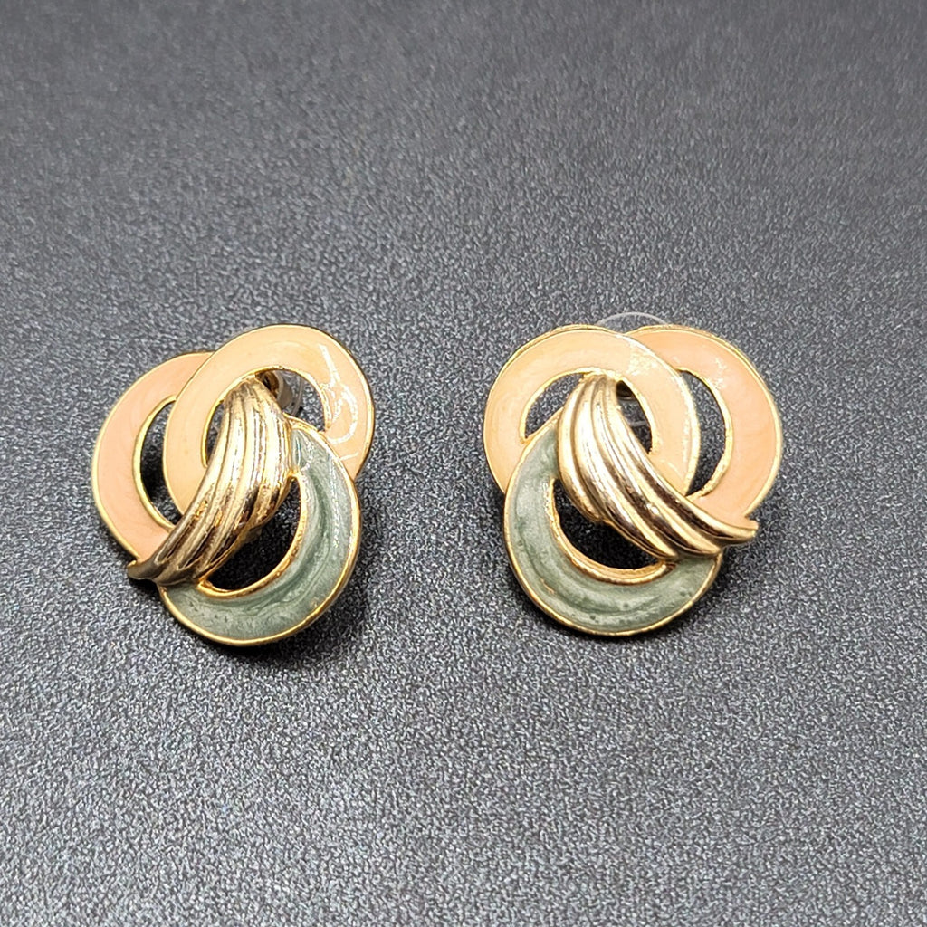 Vintage Pierced Earrings Tan Pink Green Swirl Enamel Gold tone Drop 1 1/8"