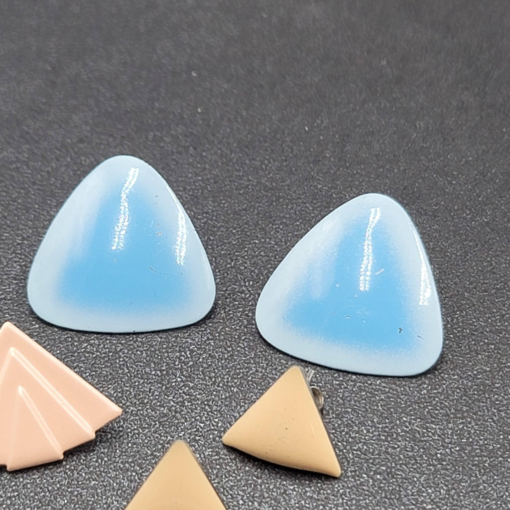 Vintage Pierced Earrings Lot of 3 Enamel 1980s Studs Blue Peach Tan Triangle