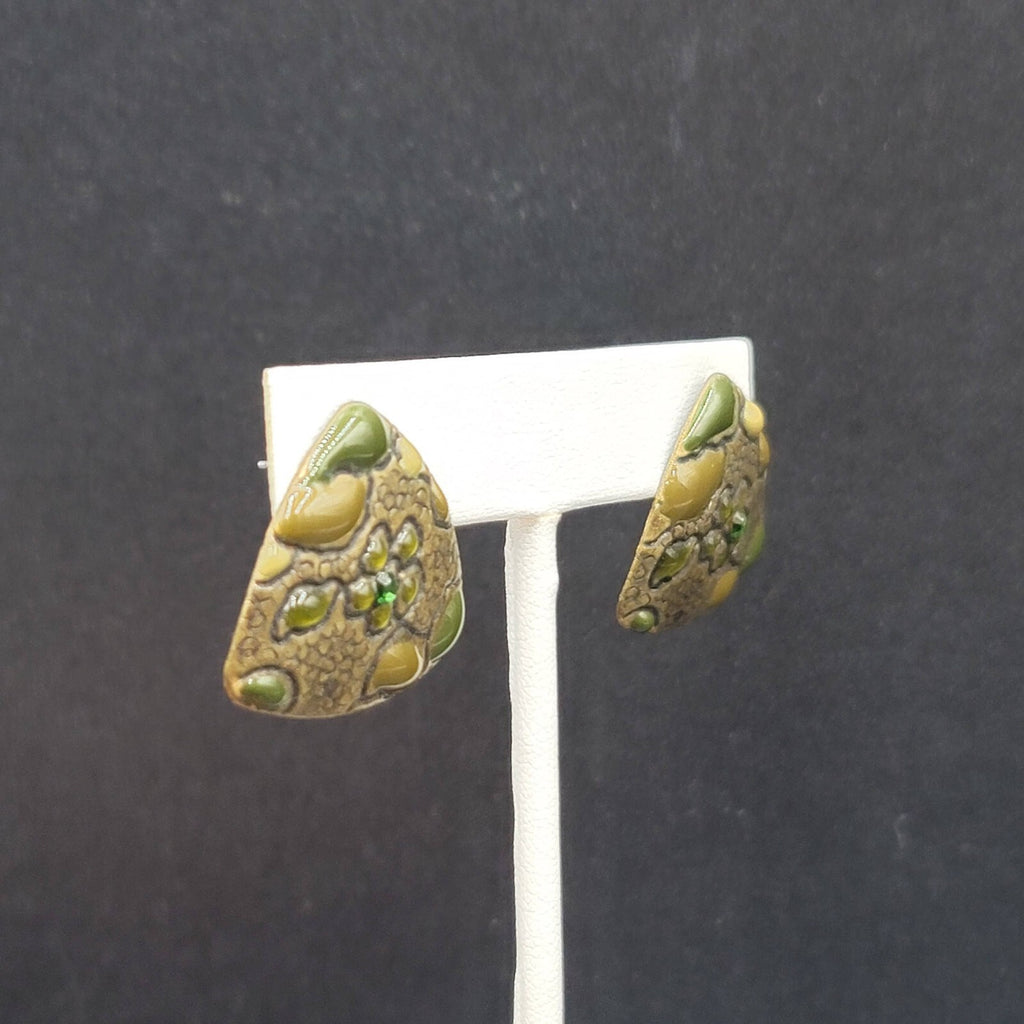 Pierced Earrings Bronze tone Green Rhinestone Enamel Triangle 1"