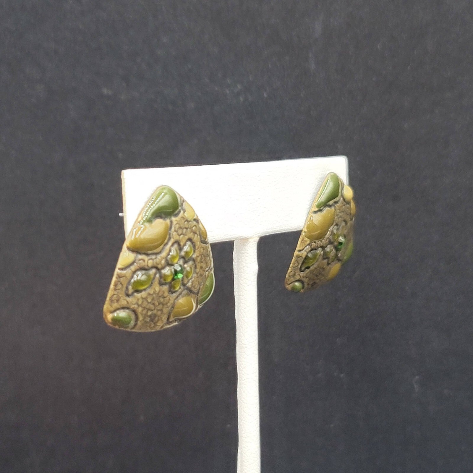 Pierced Earrings Bronze tone Green Rhinestone Enamel Triangle 1"