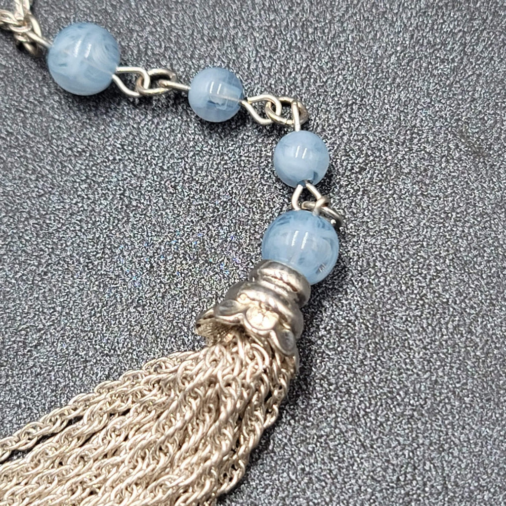 BR Banana Republic Necklace Blue Bead Chain Tassel Pendant Long 30"