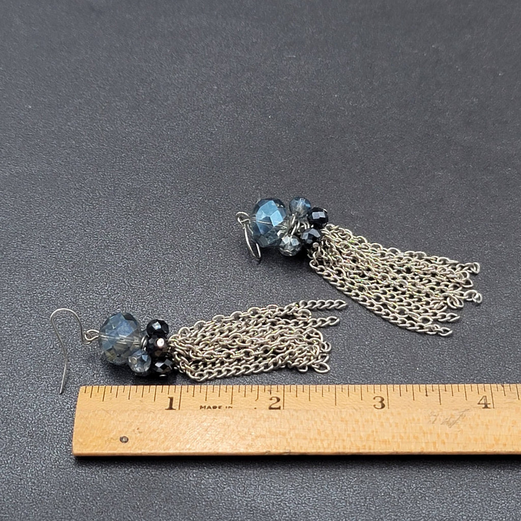 Pierced Earrings Silver tone Blue Faceted Glass Bead 3"